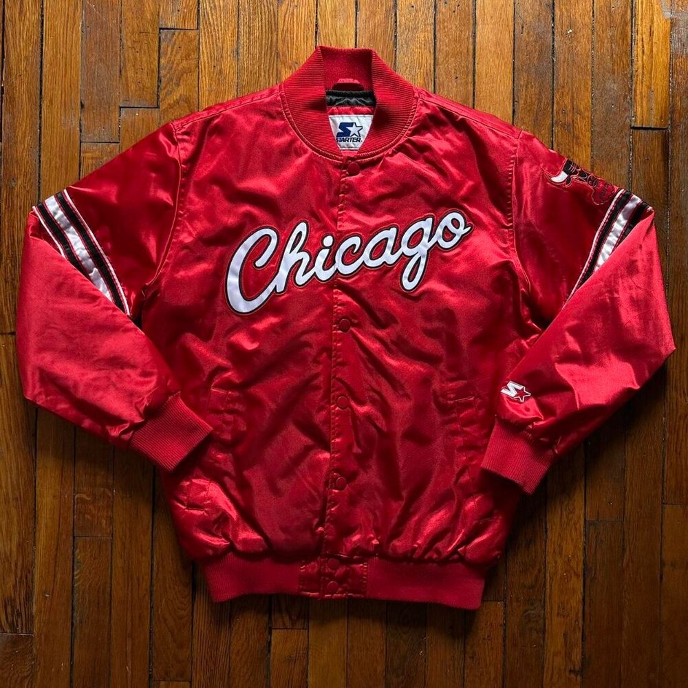 Rare Starter‎ Chicago Bulls Windy City Satin Men Red Puffer Bomber Jacket Size L